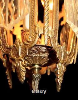 Vintage Italy 11 x 16 Ornate Brass & Wavy Glass Indoor Lantern Chandelier