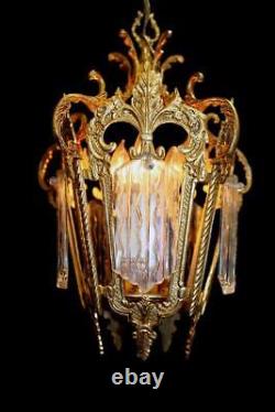 Vintage Italy 11 x 16 Ornate Brass & Wavy Glass Indoor Lantern Chandelier