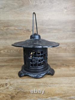 Vintage Japanese Lantern Cast Iron Garden Lamp Birds Bamboo Motif Candle Pagoda