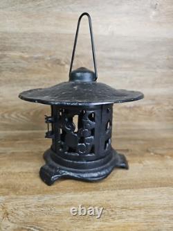 Vintage Japanese Lantern Cast Iron Garden Lamp Birds Bamboo Motif Candle Pagoda