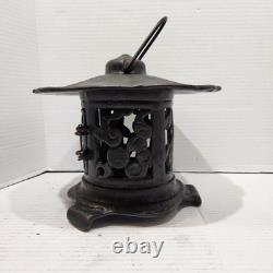 Vintage Japanese Lantern Cast Iron Garden Lamp Birds Bamboo Motif Candle Pagoda