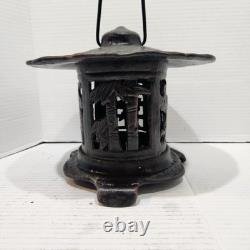Vintage Japanese Lantern Cast Iron Garden Lamp Birds Bamboo Motif Candle Pagoda
