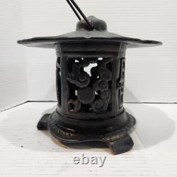 Vintage Japanese Lantern Cast Iron Garden Lamp Birds Bamboo Motif Candle Pagoda