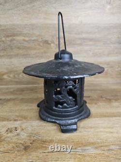 Vintage Japanese Lantern Cast Iron Garden Lamp Birds Bamboo Motif Candle Pagoda