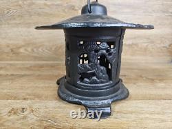 Vintage Japanese Lantern Cast Iron Garden Lamp Birds Bamboo Motif Candle Pagoda
