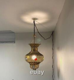Vintage Large Antique Brass Moroccan Teardrop Swag Electric Lantern Lamp