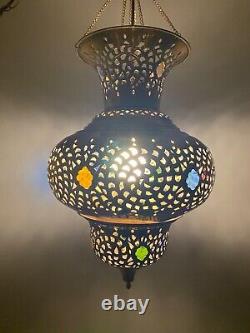 Vintage Large Antique Brass Moroccan Teardrop Swag Electric Lantern Lamp