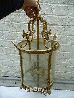 Vintage Large Gilt Brass+Etched Glass 4 Light Hallway/Porch Lantern Sconce 28.5