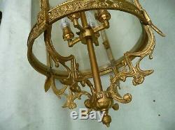 Vintage Large Gilt Brass+Etched Glass 4 Light Hallway/Porch Lantern Sconce 28.5