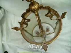 Vintage Large Gilt Brass+Etched Glass 4 Light Hallway/Porch Lantern Sconce 28.5