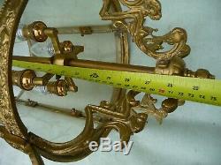 Vintage Large Gilt Brass+Etched Glass 4 Light Hallway/Porch Lantern Sconce 28.5