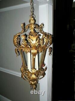 Vintage Large Italian Gold Gilt Iron Metal Lantern Chandelier Tole Hollywood