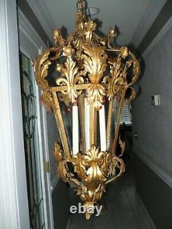 Vintage Large Italian Gold Gilt Iron Metal Lantern Chandelier Tole Hollywood