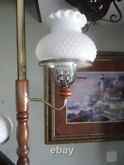 Vintage MCM Tension Pole Adjustable Hobnail brass tone & wood three tiered Lamp