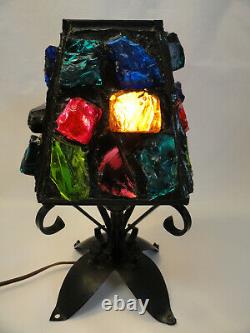 Vintage Mid Century Chunk Glass Gothic Lamp Metal Lantern Peter Marsh Nader F3-2