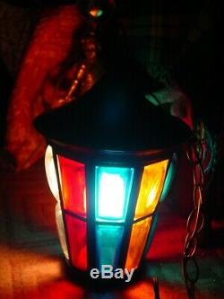 Vintage Mid-Century Lantern Pendant Light Hanging Lamp Multi-Color Glass Inserts