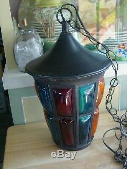 Vintage Mid-Century Lantern Pendant Light Hanging Lamp Multi-Color Glass Inserts