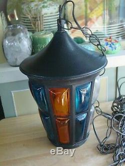 Vintage Mid-Century Lantern Pendant Light Hanging Lamp Multi-Color Glass Inserts