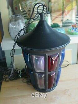 Vintage Mid-Century Lantern Pendant Light Hanging Lamp Multi-Color Glass Inserts