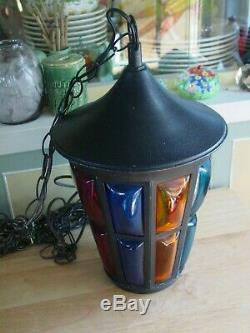 Vintage Mid-Century Lantern Pendant Light Hanging Lamp Multi-Color Glass Inserts