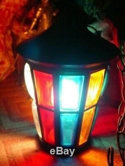 Vintage Mid-Century Lantern Pendant Light Hanging Lamp Multi-Color Glass Inserts