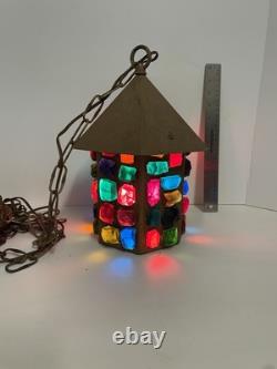 Vintage Multi Colored Leaded Chunky Glass Hanging Swag Pendant Lantern Light