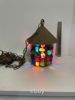 Vintage Multi Colored Leaded Chunky Glass Hanging Swag Pendant Lantern Light