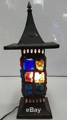 Vintage Nader Mid Century Colored Chunk Glass Lamp Lantern Tin Brass