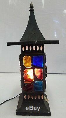 Vintage Nader Mid Century Colored Chunk Glass Lamp Lantern Tin Brass