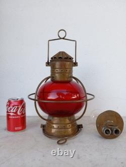 Vintage Nautical Copper Original Onion Lantern Red Globe Light Ship 2 Handles