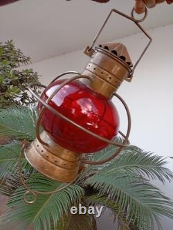 Vintage Nautical Copper Original Onion Lantern Red Globe Light Ship 2 Handles