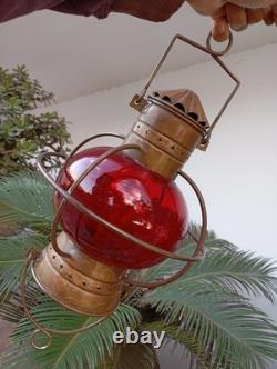 Vintage Nautical Copper Original Onion Lantern Red Globe Light Ship 2 Handles