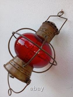 Vintage Nautical Copper Original Onion Lantern Red Globe Light Ship 2 Handles