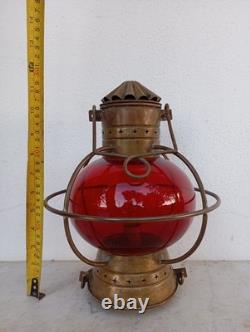 Vintage Nautical Copper Original Onion Lantern Red Globe Light Ship 2 Handles