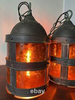Vintage Nautical Orange Brass Hanging Lanterns/Lamps (set of 2)