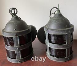 Vintage Nautical Orange Brass Hanging Lanterns/Lamps (set of 2)