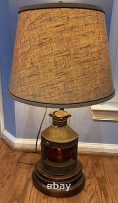 Vintage Nautical Port Lantern Table Lamp Brass Red Lens with Wood Rope Base
