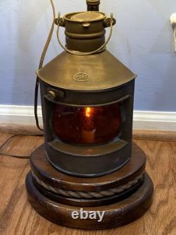 Vintage Nautical Port Lantern Table Lamp Brass Red Lens with Wood Rope Base