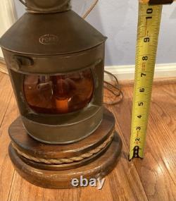 Vintage Nautical Port Lantern Table Lamp Brass Red Lens with Wood Rope Base