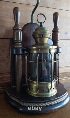 Vintage Nautical Ship Lantern Brass & Mahogany Table Lamp Steampunk Sailor Lamp