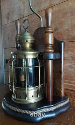 Vintage Nautical Ship Lantern Brass & Mahogany Table Lamp Steampunk Sailor Lamp