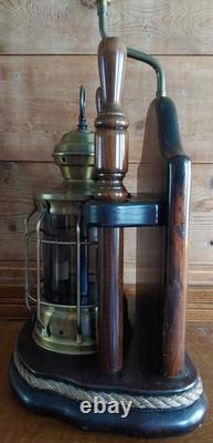 Vintage Nautical Ship Lantern Brass & Mahogany Table Lamp Steampunk Sailor Lamp