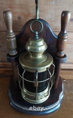 Vintage Nautical Ship Lantern Brass & Mahogany Table Lamp Steampunk Sailor Lamp