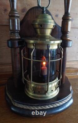 Vintage Nautical Ship Lantern Brass & Mahogany Table Lamp Steampunk Sailor Lamp