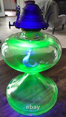 Vintage Oil Lamp Uranium Green Vaseline Depression Glass P&A Banner