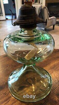 Vintage Oil Lamp Uranium Green Vaseline Depression Glass P&A Banner