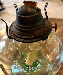 Vintage Oil Lamp Uranium Green Vaseline Depression Glass P&A Banner