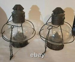 Vintage Onion Shape Navigation Light Caged Globe Attached Chain Set Of 2 Antique