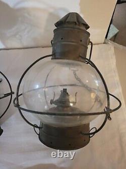 Vintage Onion Shape Navigation Light Caged Globe Attached Chain Set Of 2 Antique