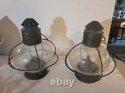 Vintage Onion Shape Navigation Light Caged Globe Attached Chain Set Of 2 Antique